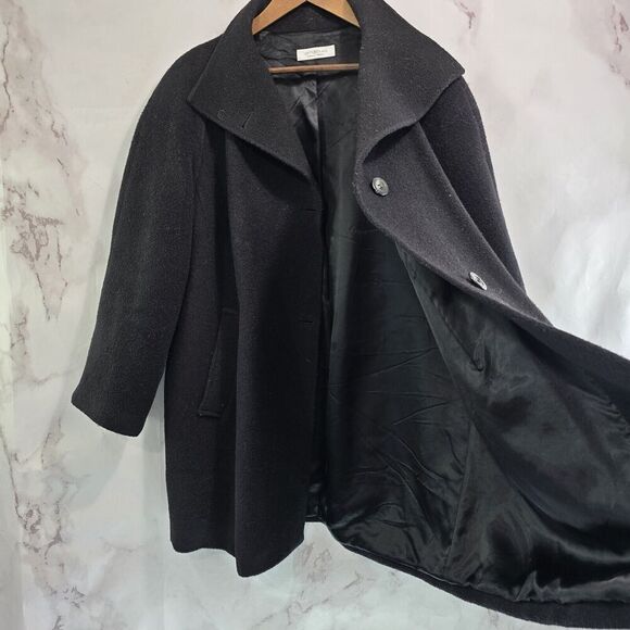 Emanuel Ungaro Coat Women Large 14 Black Wool Blend Pea Funnel Mock Neck Button - Picture 14 of 15